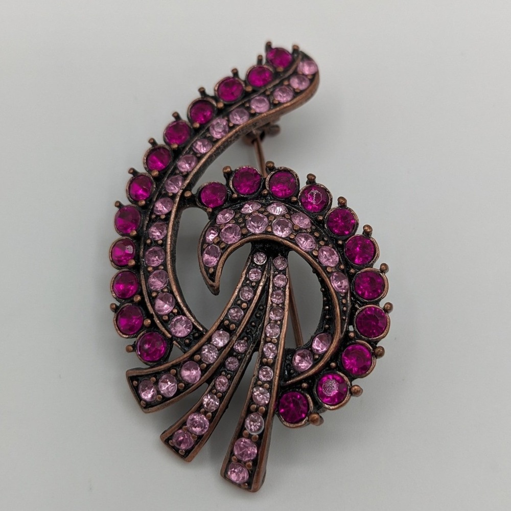 Vintage Copper Tone Pink Magenta Rhinestone Swirl‎ Spiral Brooch Pin Statement